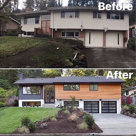 Exterior Renovations | Exterior renovation, Exterior remodel, Split level remodel exterior Before And After Curb Appeal, Split Level Remodel Exterior, House Exterior Makeover, Split Level Exterior, Split Level Remodel, Exterior House Renovation, New House Exterior, Split Level Home, Curb Appeal Ideas