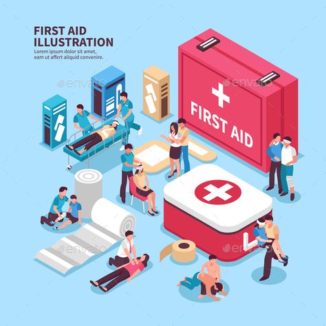 Isometric first aid composition with conceptual images of medicine box and its contents with human characters vector illustration First Aid Poster, Basic First Aid, First Aid Course, Cpr Training, Medicine Boxes, Isometric Design, Isometric Illustration, Basic Knowledge, Best Hospitals