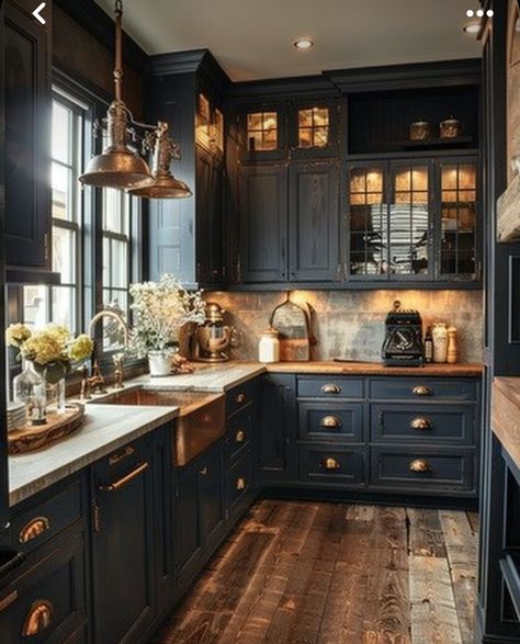 Black Farmhouse Kitchen Cabinets, Kitchen Flooring With Black Cabinets, Modern Farmhouse House Interior, Farmhouse Black Kitchen Cabinets, Cottage Vibes Aesthetic, Western Gothic Kitchen, Wood Kitchen Cabinets With Wood Floors, Farmhouse Kitchen Black Cabinets, Kitchen Cabinets 2024