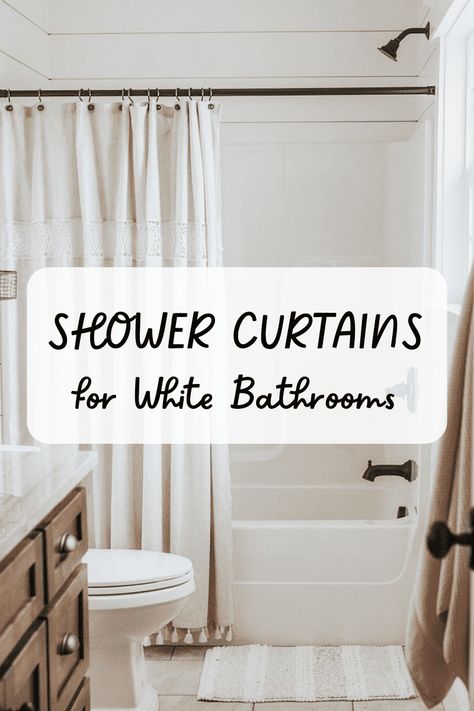 Shower Curtain With Black And White Tile, White Shower Curtain Bathroom Ideas, Shower Curtain With White Subway Tile, Shower Curtain Ideas White Bathroom, Grey Bathroom Shower Curtain, White Shower Curtain Bathroom, White Ruffle Shower Curtain, White Subway Tile Shower, White Bathrooms