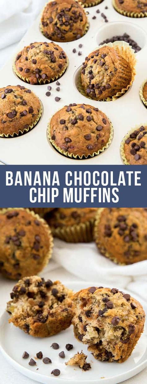 Easy Banana Chocolate Chip Muffins, Vegan Banana Chocolate Chip Muffins, Chocolate Chip Banana Muffins, Banana Muffins Easy, Bakery Style Muffins, Homemade Snickers, Cookies Bars, Banana Muffin Recipe, Chocolate Chip Banana