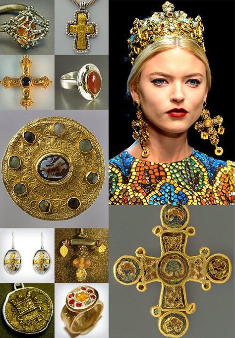 Byzantine Jewelry- created during the Byzantine Empire, which was from the fourth century AD to approximately the mid 1400s. The jewelry is influenced by the art of the Byzantine civilization, which made heavy use of the Christian cross and other early religious symbols. Byzantine Costume, Byzantine Fashion, Crucifix Art, Imperiul Roman, Byzantine Gold, Byzantine Jewelry, Early Middle Ages, Byzantine Empire, Historical Jewellery