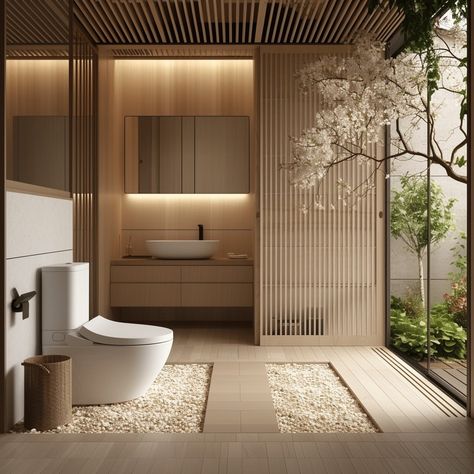 21 Stunning Japandi Style Bathroom designs for a Zen-Like Retreat - Unique Design Blog Zen Like Bathroom Ideas, Toilet Japanese Style, Bathroom Japandi Design, Japandi Spa Design, Japandi Restroom, Japandi Toilet Design, Japanese Scandinavian House, Japanese Toilet Design, Japandi Spa