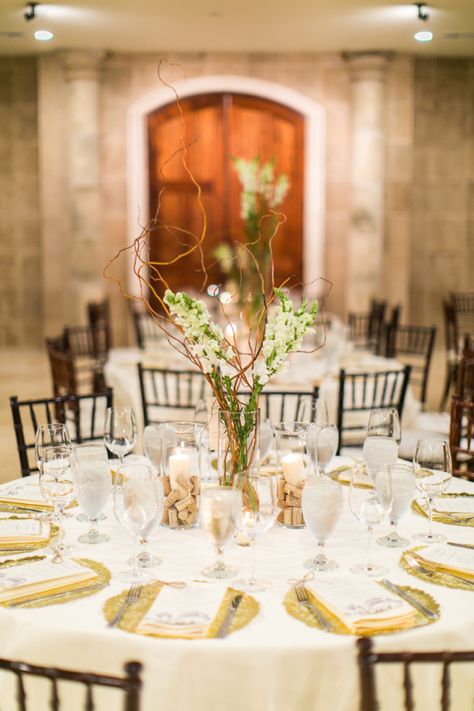 tall centerpices with wine corks Wedding Table Setup, Wedding Guest Table, Doily Wedding, Olive Wedding, Gold Wedding Theme, Tall Centerpieces, Irish Wedding, Wedding Table Settings, Wedding Reception Decorations