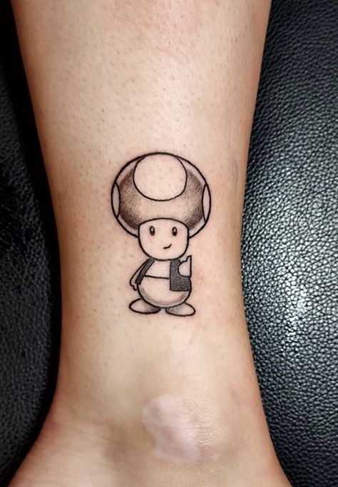 Toad And Yoshi Tattoo, Toad Mario Tattoo Design, Mario Power Up Tattoo, Toad From Mario Tattoo, Mario Themed Tattoos, Toad Mushroom Tattoo, Mario Toad Tattoo, Toadette Tattoo, Toad Tattoo Mario