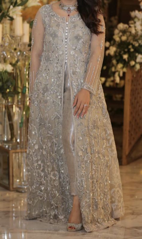 Jacket Style Pakistani Dress, Shrugs Suits Design, Shrug For Dresses Formal, Coat Style Pakistani Dresses, Heavy Designer Suits For Wedding, Pakistani Gowns Party Wear, Long Shirts For Women Pakistani, Dholki Dresses, Shrug Suit