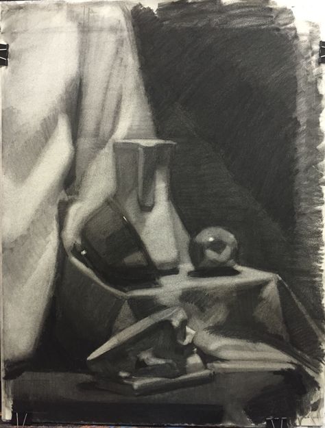 Still life in charcoal. 18x24" Charcoal Art Still Life, Charcoal Still Life Drawing, Graphite Still Life, Charcoal Study, Pencil Still Life, Charcoal Still Life, Still Life Composition, Life Drawing Charcoal, Oil Painting Demos