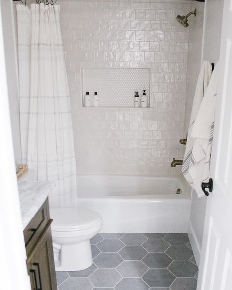 Lookbook | Shower Subway Tile Bathroom With Niche, Horizontal Niche Bathroom, Bathtub Tile Surround Shower Walls, Alcove Tile Shower Ideas, 6x6 White Tile Bathroom Shower Walls, Bathroom Neutral Tiles, Tile Backsplash In Bathroom, Square Tile Tub Surround, Guest Bath Shower Tile