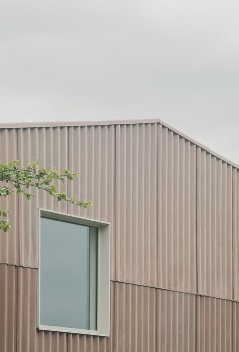 Preschool Addition, Brick Detail, Metal Facade, Warehouse Design, Gate House, Casa Exterior, Corrugated Metal, Arched Windows, Grand Staircase