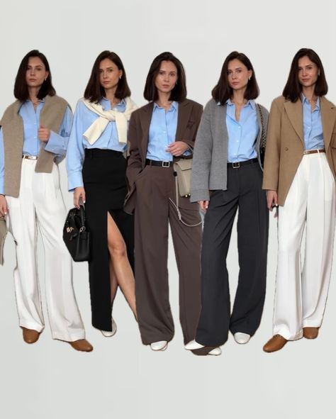 🤍💙🤎 And last photo for more inspo with blue shirt. Such a good basic to have in your wardobe. #springoutfits #workwearoutfit #officelooks Blue shirt, white trousers, capsule wardrobe, camel blazer, minimal style, women suit, neutral colours, styling Blue Shirt Work Outfit Women, Chic Blue Shirt For Workwear, Spring Beige Workwear Shirt, Blue Zara Office Shirt, Blue Shirt Brown Pants, Chic Blue Workwear Shirt, Light Blue Button-up Workwear Top, Brown And Blue Outfit, Beige Top Outfit