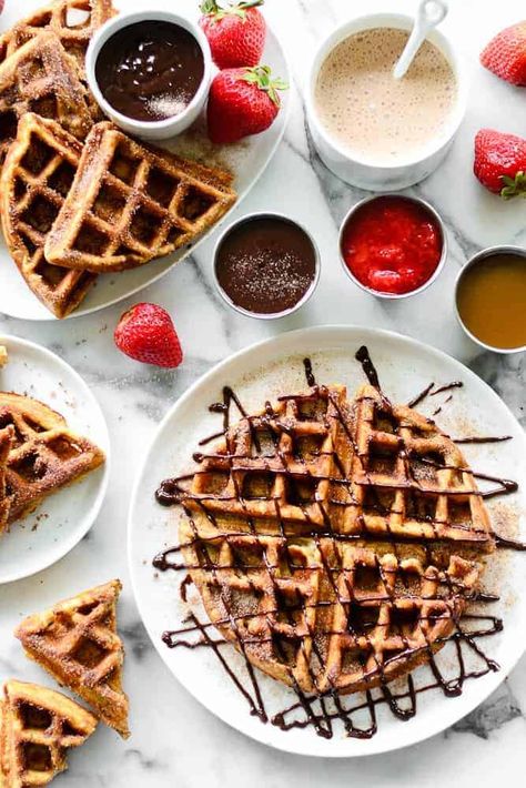 Gluten Free Churros, Churro Waffles, Caramel Dipping Sauce, Chocolate And Strawberry, Caramel Chocolate, Wanting More, Waffle Recipes, Pancakes And Waffles, Food Magazine