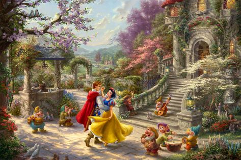 Snow White Dancing in the Sunlight | Thomas Kinkade Carmel, Monterey & Placerville Wicked Stepmother, Kinkade Disney, Thomas Kinkade Disney, Sette Nani, Images Disney, Group Of Seven, Disney Snow White, Romantic Scenes, Pinturas Disney