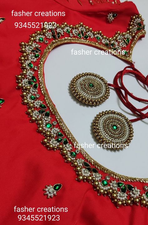 Maggam work Maggam Work Hangings, Maggam Hangings For Blouses, Latkan Aari Work, Aari Work Latkan Designs, Latkan Designs, Blouse Hangings, Magam Work Designs, Tassels Design, Green Blouse Designs