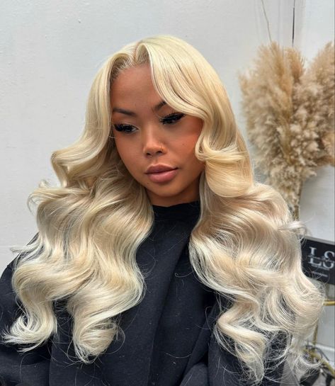 Blonde Middle Part Lace Front Wigs, Middle Part Blonde Wig, Middle Part Blonde Wig Black Women, Middle Part Blonde Wig With Curls, Side Part Platinum Blonde Frontal, Middle Part Curls, Super Cute Hairstyles, Long Curly Wig, Blonde Lace Front Wigs