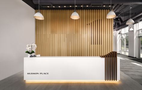 Hudson Place One Presentation Centre - Form Creative Creative Reception Desk Design, Office Front Desk Design, Desk Table Design, Reception Desk Design Ideas, Design Reception Desk, Office Front Desk, Desk Design Ideas, Modern Reception Desk Design, White Reception Desk