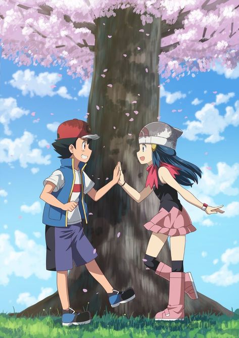 This is an Ash and Dawn Fan Art: PearlShipping, Ash x Dawn, Ash pokemon, Dawn pokemon, credits are given to the owner. Ash And Dawn, Pokemon Jigglypuff, Pokemon Couples, Pokemon Game Characters, Pokemon Photo, Pokemon People, Pokemon Alola, Ash Pokemon, Pokemon Waifu