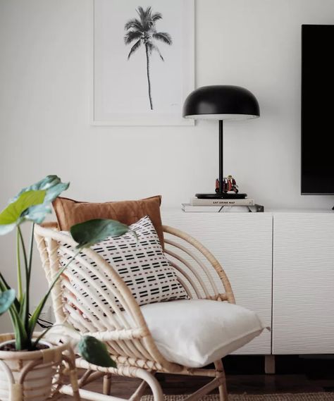 Five ways to style the IKEA BUSKBO rattan chair | Livingetc Ikea Buskbo, Rattan Chair Living Room, Monochromatic Living Room, Rattan Bedroom, Slow Sunday, Ikea Chair, Redecorate Bedroom, Rattan Chair, Interior Trend