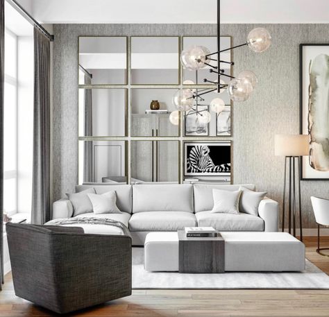 Mirror In Lounge Room, Mirror Wall Paneling Living Rooms, Mirror Panelling Wall Living Rooms, Living Room With Mirror Ideas, Mirror Wall Panelling Design Living Room, Accent Wall With Mirror, White Sofa Living Room Decor, Luxury Dining Room Mirror Wall, Mirror Panel Wall Living Rooms Rectangle