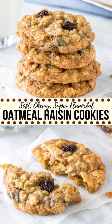 These classic oatmeal raisin cookies are made with brown sugar, cinnamon, vanilla and lots of oats. They're soft and chewy, never dry, and definitely win in the flavor and texture categories for the perfect, homemade oatmeal raisin cookie. #oatmealraisin #cookies #easy #oldfashioned #homemade #cinnamon #chewy #soft #recipe #flavorful #oats #rolledoats Soft Oatmeal Raisin Cookies, Homemade Oatmeal Raisin Cookies, Handmade Closet, Best Oatmeal Raisin Cookies, Oatmeal Raisin Cookie, Recetas Salvadorenas, Raisin Cookie, Oatmeal Raisin Cookies Chewy, Homemade Oatmeal