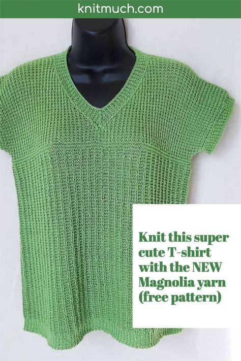 Knit up this super cute T-shirt with soft Magnolia yarn and a free pattern from Universal Yarn. Cindy O’Malley shows you how she used two different knitting design patterns to give this top a nice drape. Soft and satiny, this T-shirt will be your summer fav!💜😍 Free pattern. #universalyarn #magnoliayarn #freeknittingpatterns #Yarn #Yarnaddict #Knittingtutorials Dk Weight Knitting Patterns Free, Knitted T Shirt Pattern Free, Knit Blouse Pattern Free, Knitting With Cotton Yarn Patterns, Knit T Shirt Pattern, Knit Tee Shirt Pattern Free, Knit Tee Pattern, Summer Knit Top Pattern Free, Summer Knitting Patterns Free