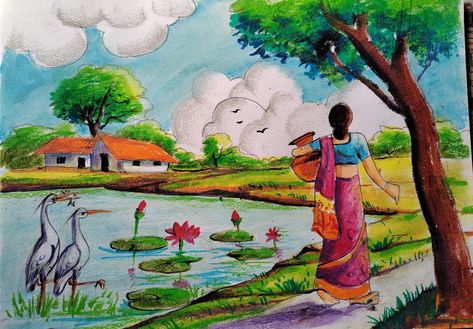 Oil Pastel Village Scene, Nature Drawing Pictures, Village Scenery Drawing, Holi Drawing, Beautiful Scenery Drawing, Students Drawing, Village Scene Drawing, Scenery Drawing For Kids, Easy Scenery Drawing