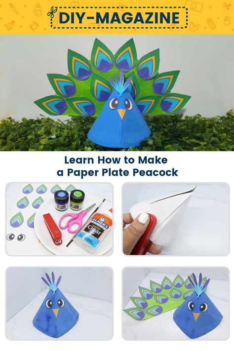 Learn How to Make a Paper Plate Paper Peacock Peacock Template, Paper Plate Bird, Things To Craft, Peacock Crafts, Peacock Ornaments, Paper Plate Craft, Puppet Crafts, Beautiful Peacock, Diy Magazine