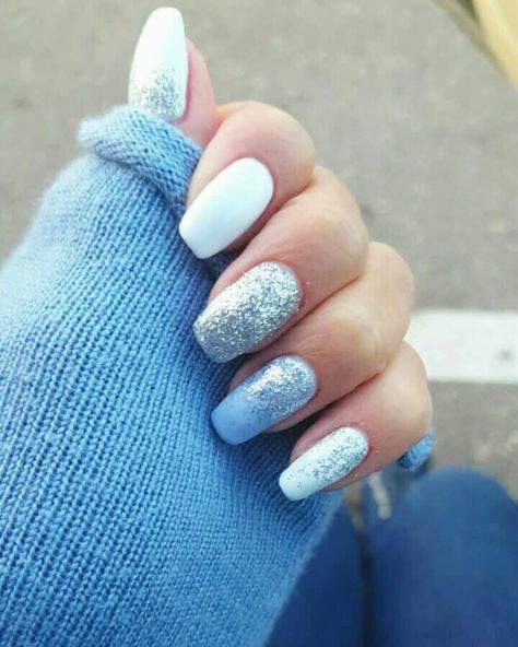 White And Ice Blue With Silver Glitter Holiday Nails Glitter, Blue Christmas Nails, Blue And Silver Nails, Blue Coffin Nails, Holiday Nails Winter, Blue Gel Nails, Blue Glitter Nails, Silver Glitter Nails, Light Blue Nails