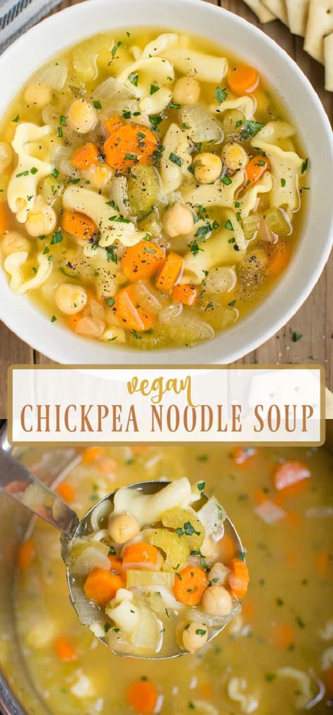 This chickpea noodle soup is a delicious vegan take on the classic chicken noodle soup. It's loaded with common ingredients like noodles, chickpeas, carrots, celery, and onion for a simple homestyle recipe. Make it in the Instant Pot or on the stovetop for an easy dinner. Vegetarian Chicken Noodle Soup, Vegetarian Noodle Soup, Dinner Instant Pot, Chickpea Noodle Soup, Chickpea Noodle, Vegan Noodle Soup, Vegan Chicken Noodle Soup, Classic Chicken Noodle Soup, Slow Cooker Chicken Noodle Soup