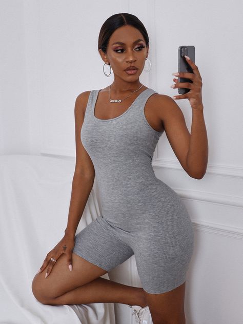 Light Grey   Sleeveless Polyester Plain  Embellished High Stretch Summer Women Jumpsuits & Bodysuits Grey Romper Outfit, Gray Jumpsuit Outfit, Grey One Piece, Gray Romper, Grey Jumpsuit, Baddie Style, Cami Romper, Romper Suit, Jumpsuit Outfit