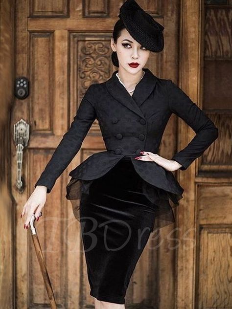 Tbdress.com offers high quality Black Long Sleeve Mesh Elegant Women's Skirt Suit Dress & Skirt Suits unit price of $ 25.99. Stile Pin Up, Female Skirt, Mode Editorials, Womens Skirt Suits, Casual Outwear, Look Retro, Peplum Jacket, Moda Vintage, Look Vintage