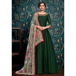 <ul><li> Satin Georgette Abaya Style Kameez in Dark Green</li><li> This Eyecatcher Semi-stitched attire with Poly Shantoon Lining is Enhanced with Zari, Dori and Stone Work and is Crafted in Round Neck and Quarter Sleeve</li><li> Available with a Poly Shantoon Churidar in Dark Green and a Digital Printed Faux Chiffon Dupatta in Dusty Green</li><li> The Kameez and Bottom Lengths are 55 and 48 inches respectively</li><li> Do note: Accessories shown in the image are for presentation purposes only a Dark Green Anarkali, Dark Blue Dress Outfit, Green Anarkali Dress, Embroidered Abaya, Blue Dress Outfits, Designer Suits Online, Dress Outfits Party, Abaya Style, Designer Anarkali