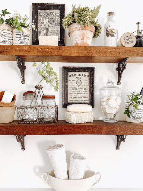 Bathroom shelves/ Bathroom decor/ Bathroom inspo/ Rustic bathroom/ Farmhouse shelves/ Farmhouse bathroom/ Open shelving/ Open shelving ideas/ Shelf styling tips/ Rustic shelves/ Vintage bathroom/ Vintage home/ Rustic home decor Bathroom Paint Colors Modern, Small Bathroom Decor Black, Bathroom Tile Ideas Green, Bathroom Shelf Styling, Bathroom Open Shelving, Shelves Bathroom Decor, Bathroom Decor Black And White, Eclectic Bathroom Decor, Bathroom Shelving Ideas