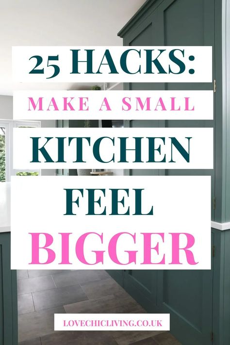 25 simple, easy hacks to make your small kitchen feel bigger. If you don't have a large kitchen and want to make it feel more spacious, use this easy tips to give the illusion of more space.