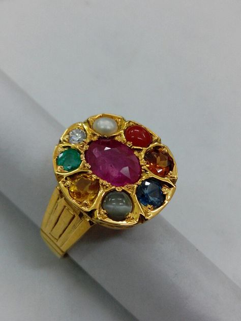 Navratna Rings For Women, Navratna Ring For Men, Navaratna Ring, Pearl Necklace Tutorial, Gents Rings, Gold Jewellery India, Raw Jewelry, Ceylon Sapphire Ring, Couple Ring Design