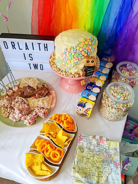 Decor and decorations for a cereal theme second birthday party. Lucky charms cake, poptarts, & party snacks Cereal Party Decorations, Cereal Theme, Cereal Party, Lucky Charms Cake, Second Birthday Party, Cereal Killer, Second Birthday, Themed Birthday Party, Lucky Charms