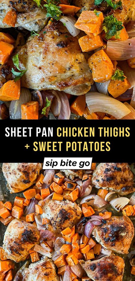 Simple sheet pan dinner with chicken thighs, sweet potatoes, and red onions. Ready in about 30 minutes, it’s a family meal you can throw together on a weeknight that’s pretty healthy, too! | sipbitego.com Chicken Thighs Sweet Potatoes, Dinner With Chicken Thighs, Sheet Pan Chicken Thighs, Chicken Thighs In Oven, Dinner With Chicken, Sweet Potato Oven, Chicken Thighs Dinner, Sweet Potato Dinner, Sheet Pan Meals Chicken