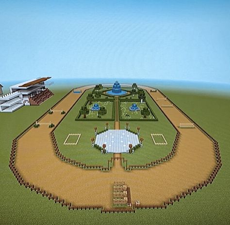 Minecraft Horse Trough, Minecraft Horse Farm Ideas, Minecraft Swem Stables, Horse Arena Minecraft, Stables In Minecraft, Horse Minecraft Build, Horse Track Minecraft, Minecraft Horse Jumping Arena, Minecraft Horse Ranch Ideas