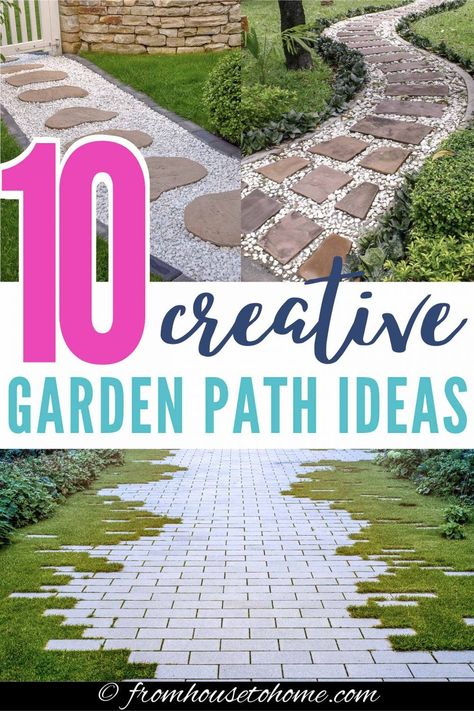 These beautiful garden path ideas provided so much inspiration for my backyard walkway. I made the DIY stepping stones but there''s lots of other options for brick, wooden, mulch, grass, stone, and flagstone paths that will make your garden design look beautiful. #fromhousetohome #gardenpaths #pathsandwalkways #walkways  #diyprojects #gardendesign Flagstone Garden, Diy Garden Path, Garden Paths And Walkways, Mosaic Walkway, Garden Path Ideas, Gravel Walkway, Perennials Flowers, Garden Walkways, Stone Garden Paths