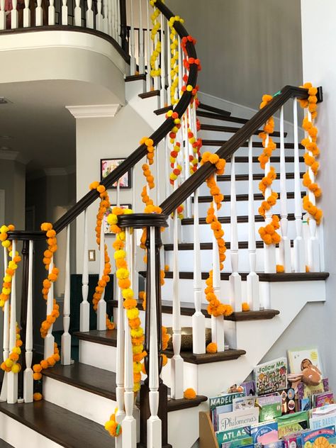 Railing Decorations For Diwali, Railing Decorations, Decorations For Diwali, Crown Wall Decor, Leaf Decor Wedding, Ring Platter, Meaningful Things, Home Flower Decor, Diwali Decorations At Home