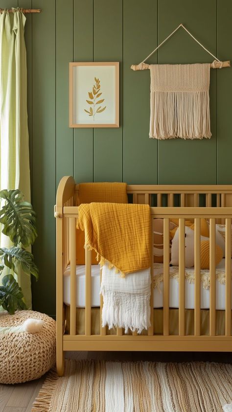 A mustard and green nursery with a wooden crib, green accent wall, and cozy natural textures. Nursery Mustard Yellow, Yellow Baby Room Ideas, Deep Green Wall, Yellow Nursery Girl, Terracotta Nursery, Green Nursery Ideas, Yellow Baby Room, Mustard Accents, Green Accent Wall