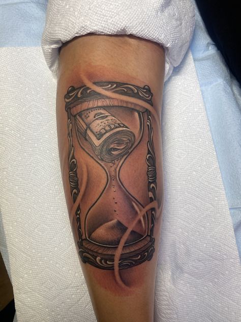 Hourglass Money Tattoo, Money Hourglass Tattoo, Wealth Tattoos Men, Money Is Time Tattoo, Time Is Money Tattoo For Men, Shattered Clock Tattoo, Money Over Everything Tattoos, Money Tattoo Ideas For Women, Money Tattoos Women