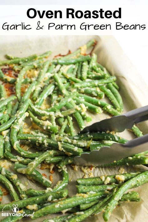 Garlic and Parmesan Oven Roasted Green Beans. With this easy fresh green bean recipe you can enjoy tasty cheesy garlic green beans that are crispy and delicious. Parmesean Green Beans, Parmesan Green Beans Baked, Green Bean Recipes Oven, Parmesan Garlic Green Beans, Roasted Garlic Green Beans, Microwave Green Beans, Oven Green Beans, Parmesan Roasted Green Beans, Green Beans With Garlic