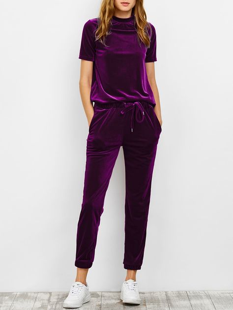 $31.99 Velvet High Collar Tee And Jogging Pants PURPLISH RED: Gym Sets | ZAFUL Áo Blu, Gym Sets, Gym Suit, Velvet Tees, Sweat Suit, Velvet Clothes, Cooler Look, Velvet Fashion, Jogging Pants