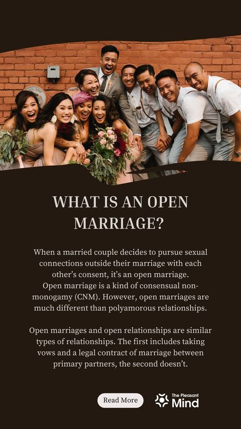 In an open marriage, you can consensually have sexual relationships with other partners. Read to know more. Open Marriage Contract, Marriage Definition, Non Monogamy, Polyamorous Relationship, Open Relationship, Types Of Relationships, Marriage Problems, Marriage Relationship, Marriage Tips