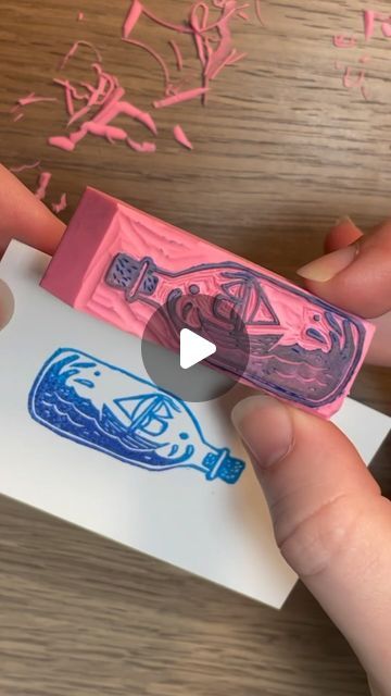 Emilie | CauleyCreative on Instagram: "⚠️No eraser is safe�⚠️ Just look at this adorable mini ship in a bottle!! These tiny eraser projects are so fantastic because I can crank these out after a pretty busy day.   I have a couple more pink erasers so expect more mini prints from me 🤩 . . . #miniprint #linocut #printmaker #smallprint #printmaking #artistsoninstagram #reusable #recycle #upcycle #stamp #stamping #stampmaking #process #artprocess #fyp #printshop #smallbusiness #justhavingfun" Pink Eraser Art, Pink Eraser Linocut, Eraser Block Print, Pink Eraser Stamp, Eraser Printmaking, Eraser Linocut, Eraser Stamp Ideas, Eraser Prints, Eraser Carving