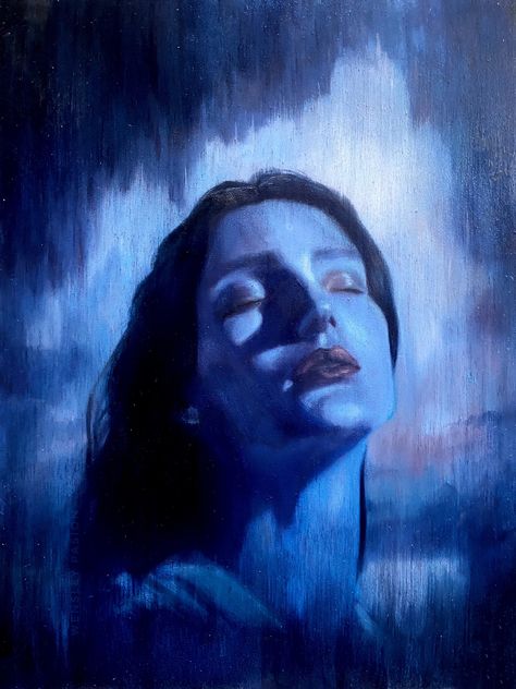 Blue Hair Painting, Blue Person Painting, Monochromatic Blue Painting, Blue Paint Aesthetic, Blue Portrait Painting, Blue Aesthetic Art, Blue Art Painting, Blue Paintings, Monochromatic Painting