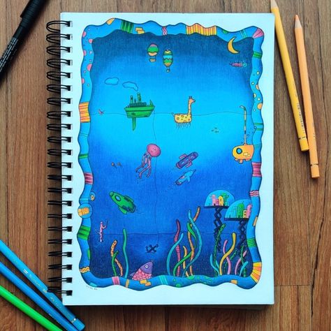 #art #drawing #colouredpencils #underwater #world #doodle Underwater Art Drawing, Underwater World Drawing, Under Water Drawing, World Doodle, Underwater World Art, Under Water World, World Drawing, World Poster, Underwater Art