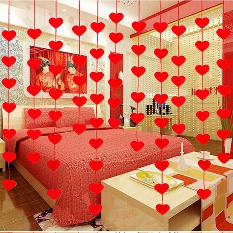 Heart Curtain, Romantic Room Decoration, Wedding Room Decorations, Decoration For Ganpati, Rope Decor, Romantic Room, Romantic Decor, Hanging Banner, Diy Garland