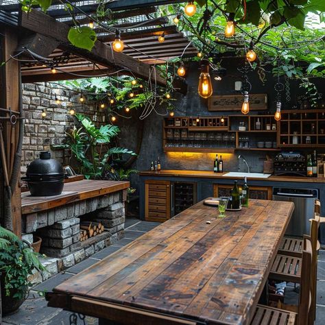 12+ Backyard Kitchen Ideas for the Perfect Summer Get-Together • 333+ Inspiring Lifestyle Ideas Outdoor Kitchen Cottage, Outdoor Communal Kitchen, Rustic Outdoor Bbq Area, Courtyard Kitchen Garden, Natural Outdoor Kitchen, Outdoor Dining Area Design, Outdoor Kitchen On Deck Ideas, Outdoor Kitchen Design Wood, Rustic Outdoor Kitchen On A Budget