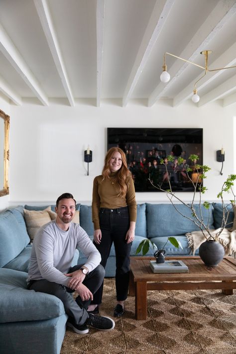 How a Grungy San Francisco Basement Became a Contemporary English Cottage | Architectural Digest | Architectural Digest Ikea Shelving Unit, Calm Color Palette, Ikea Finds, Open Bookshelves, Basement Apartment, Basement House, Ladder Back Chairs, Concrete Steps, Wooden Stairs